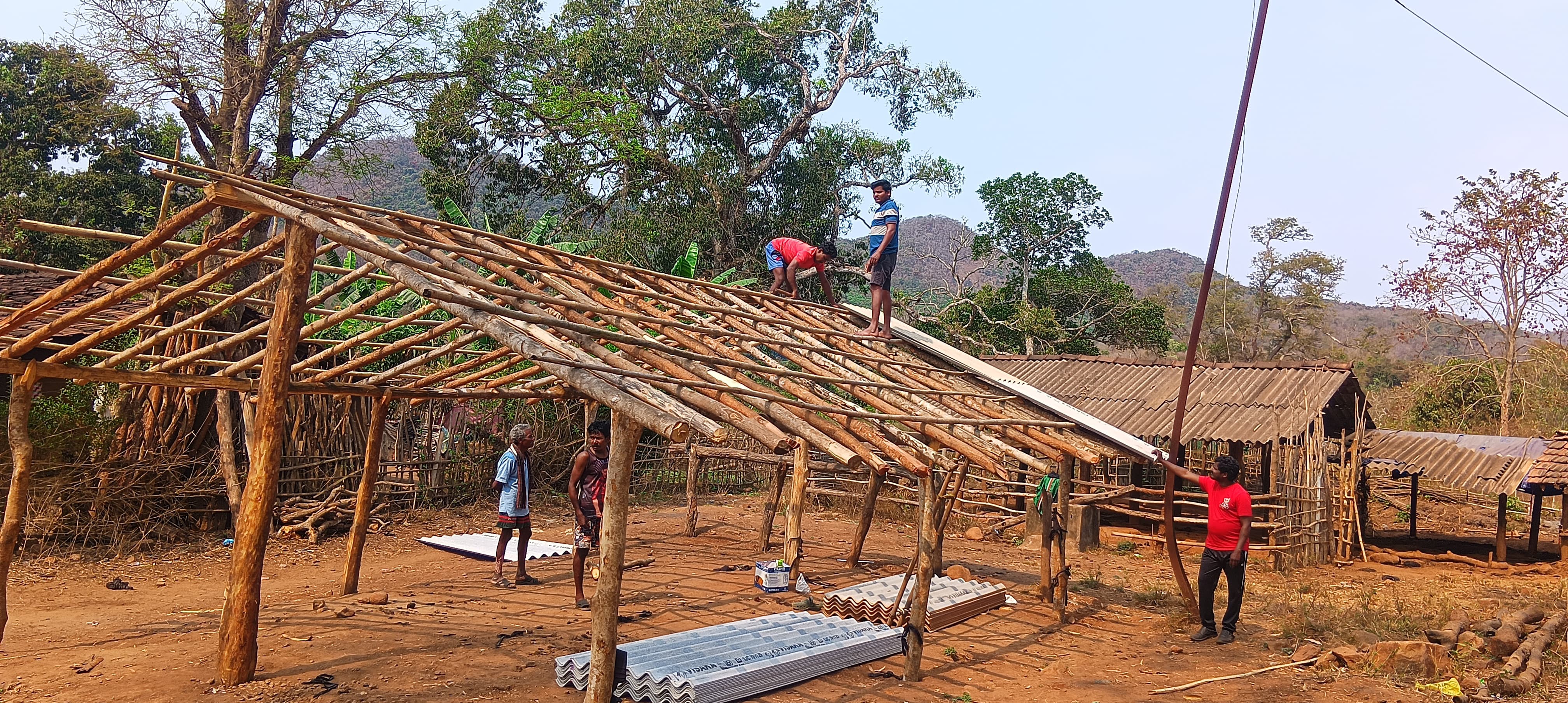 Materials being carried for the church roofing work