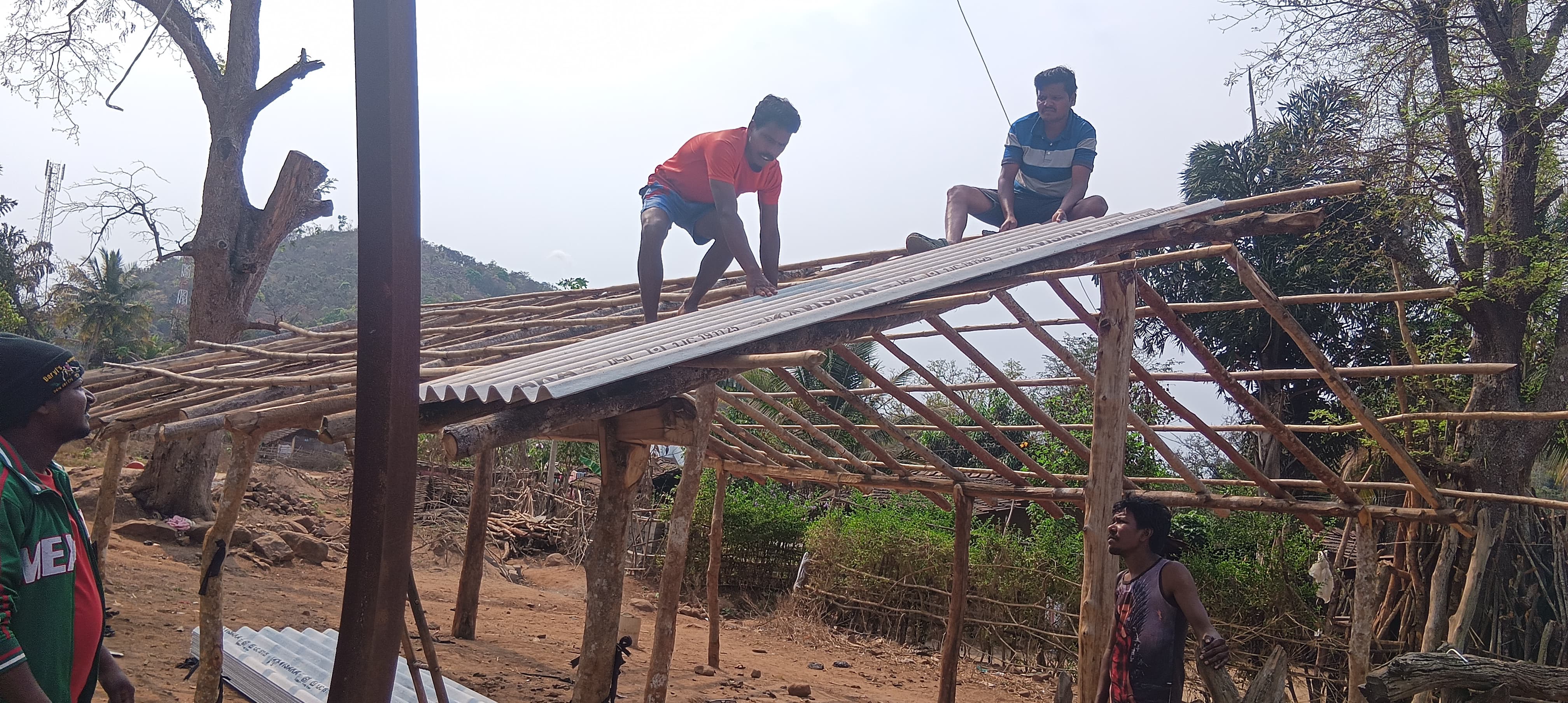 Materials being carried for the church roofing work