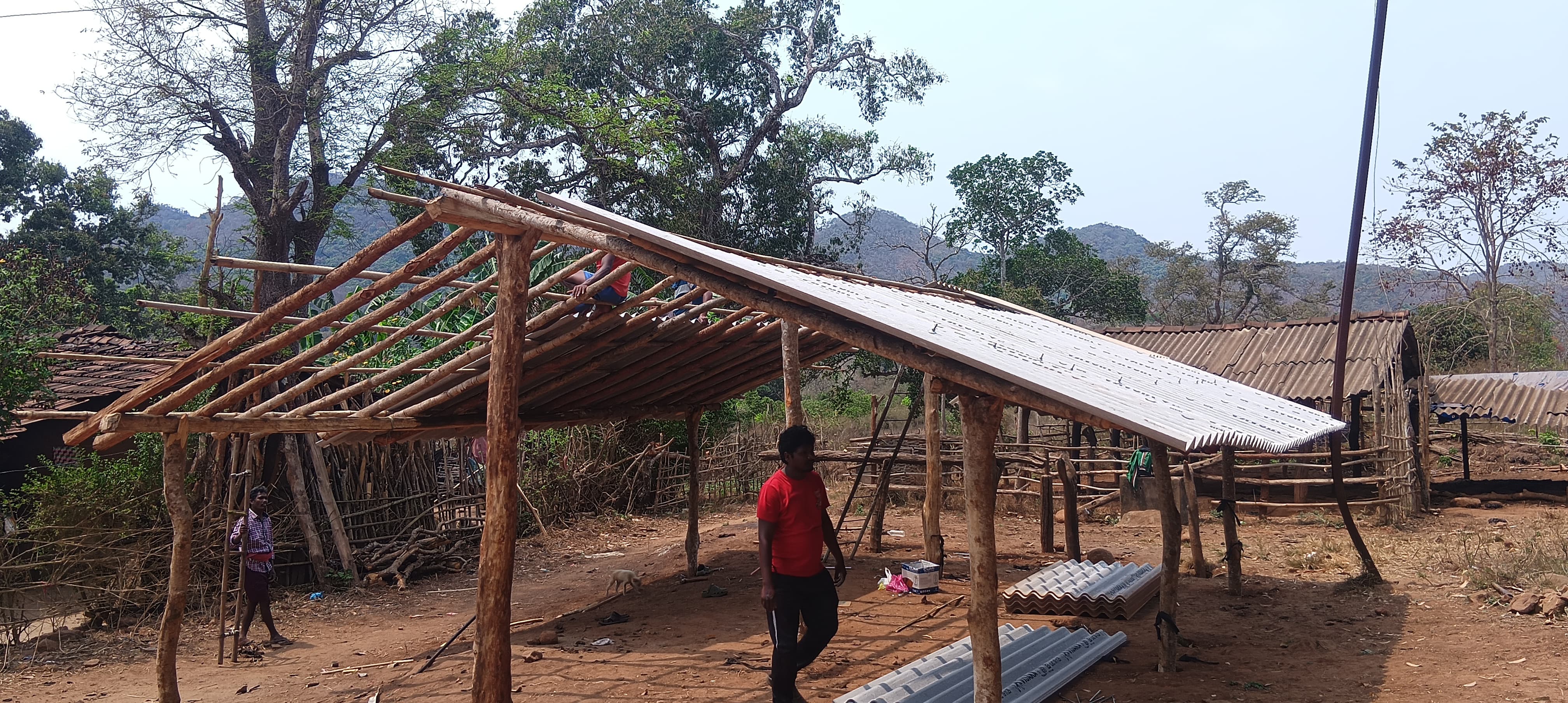Materials being carried for the church roofing work