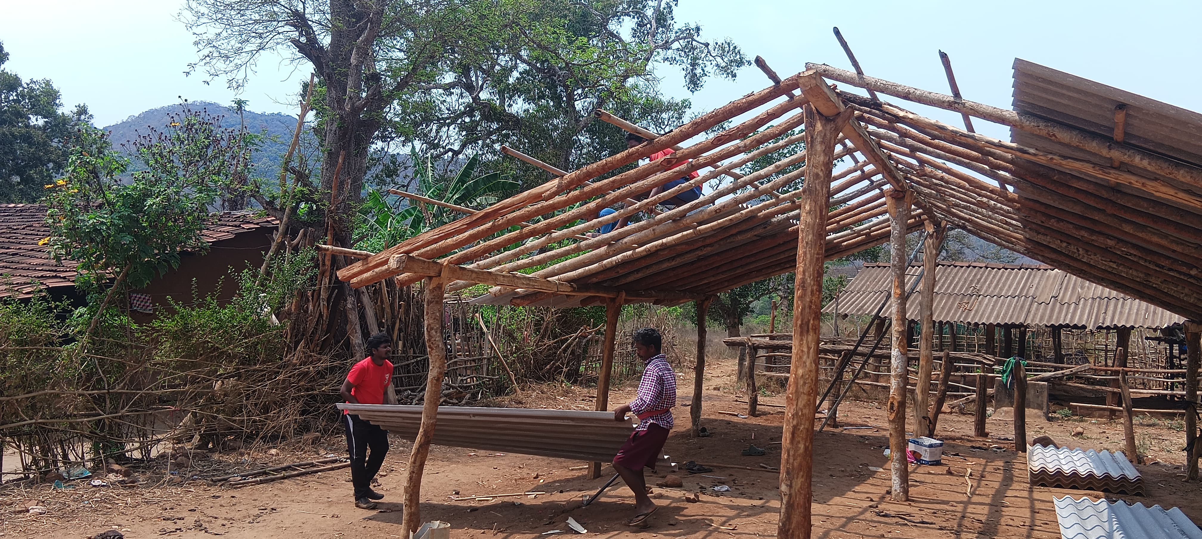 Materials being carried for the church roofing work